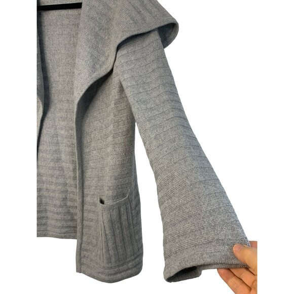 St John Cashmere Gray Rib Open-Front Cardigan Sweater Pockets Size S/M P 7463 - Picture 2 of 8